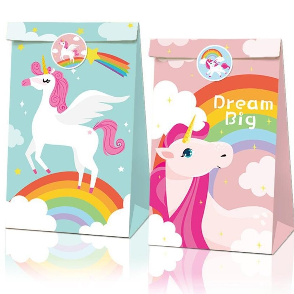 NEW Kraft Paper Bags - Unicorn Themed Party Favor Goodie Bags | Pack of 12